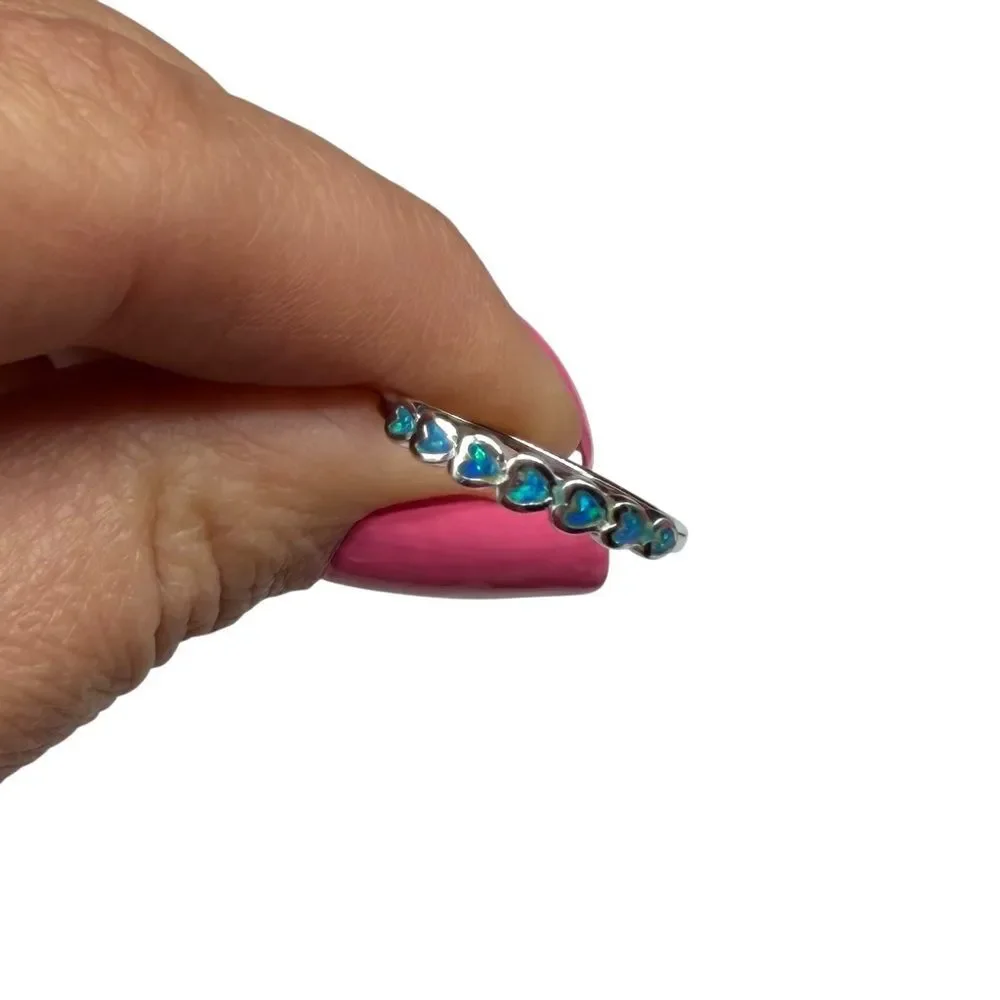 Blue Fire Opal Heart Eternity Band Ring Solid 925 Sterling Silver Size 6
